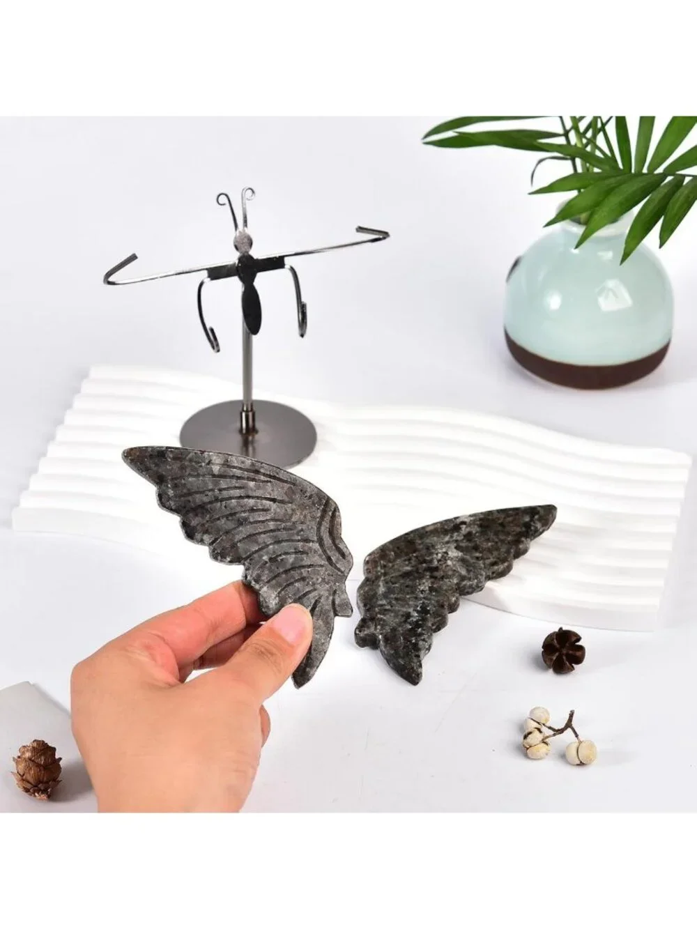 Natural Flame Yooperlite Butterfly Art | Healing Crystal Slices & Silver Stand